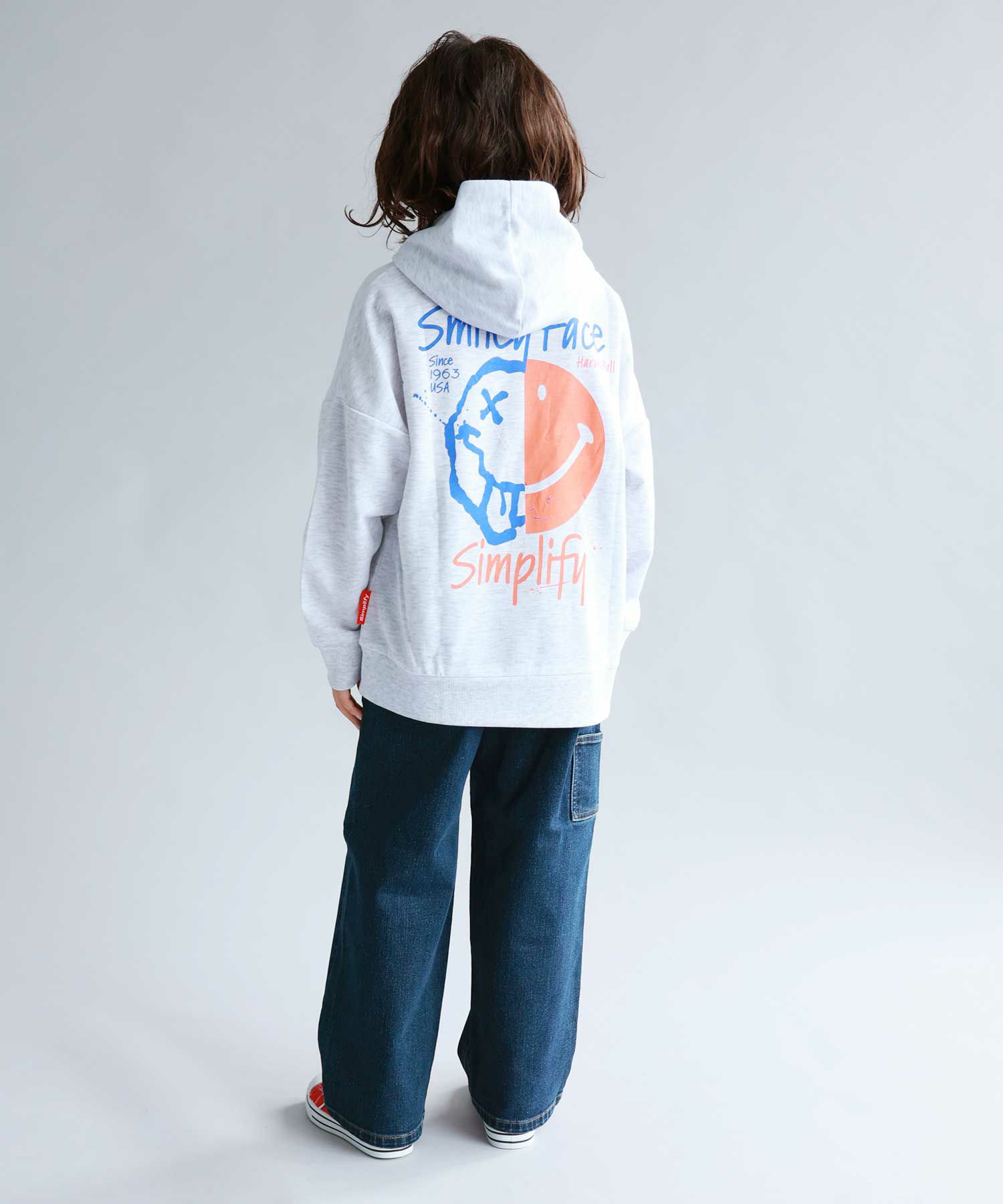 Simplify  スマイリーフェイス ポンチ素材プリントビッグパーカー キッズ商品画像-5