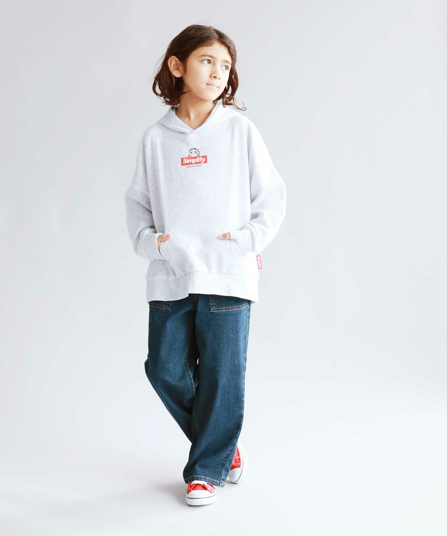 Simplify スマイリーフェイス ポンチ素材プリントビッグパーカー キッズ