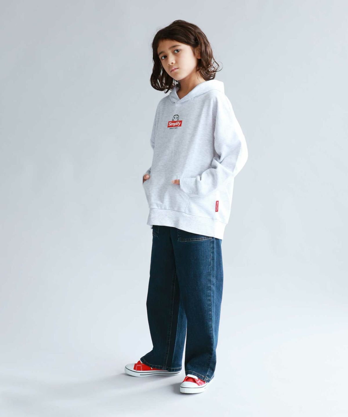 Simplify スマイリーフェイス ポンチ素材プリントビッグパーカー キッズ