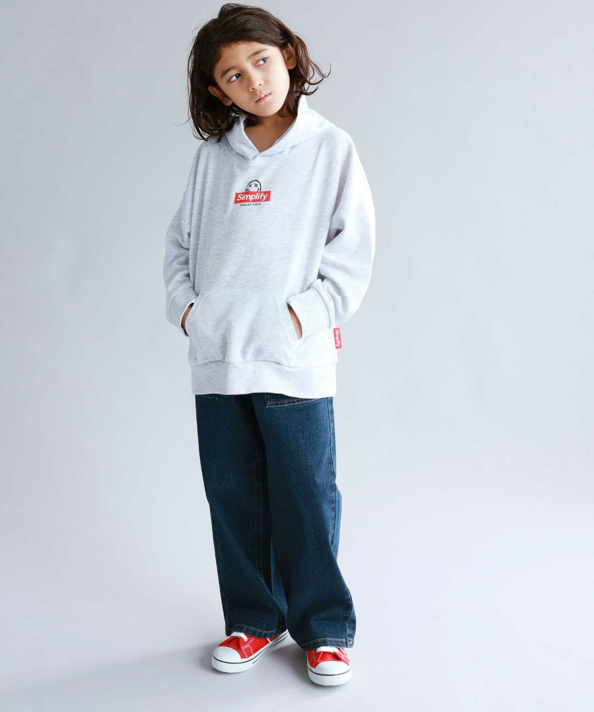 Simplify スマイリーフェイス ポンチ素材プリントビッグパーカー キッズ