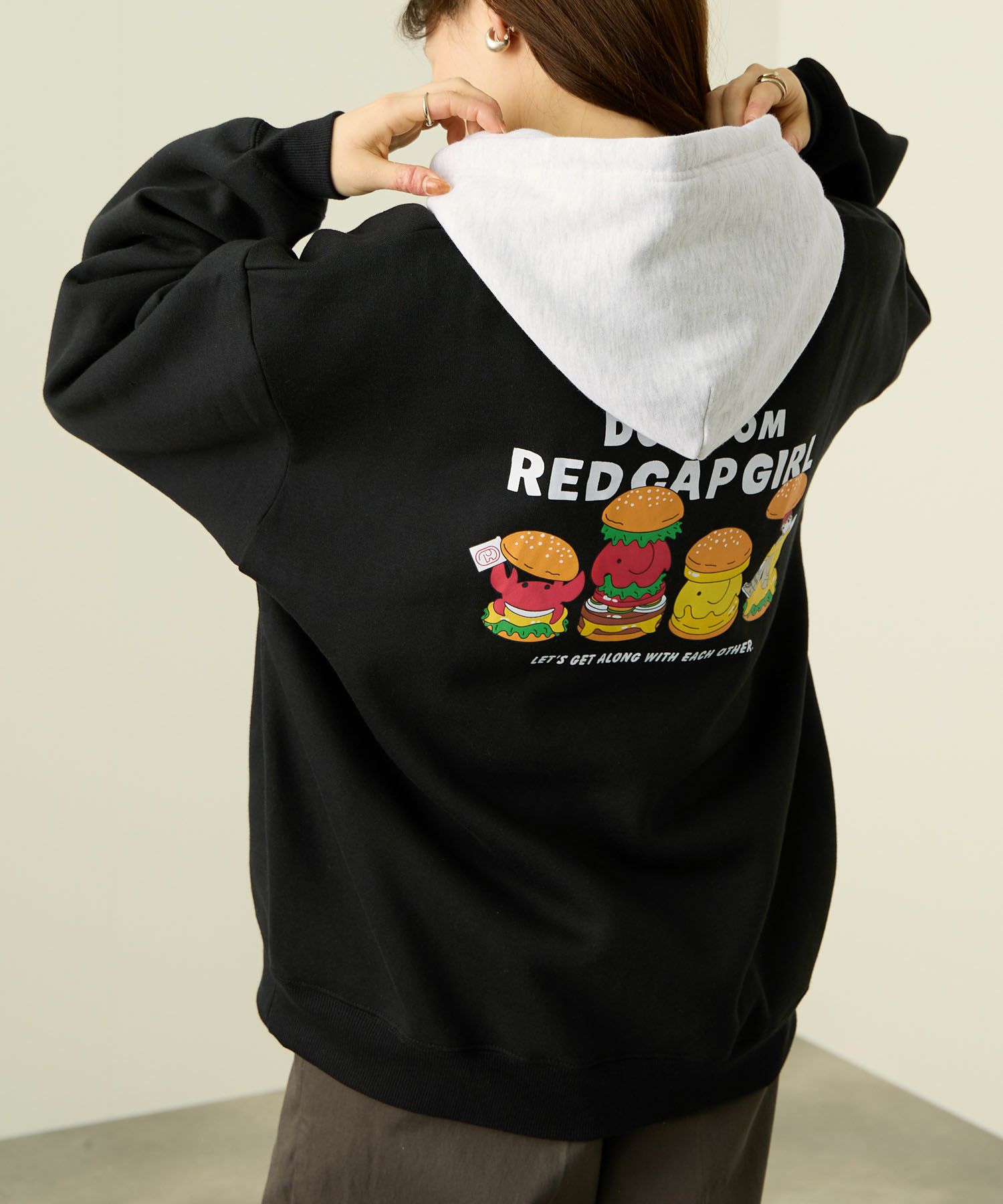RED CAP GIRL×ドムドムハンバーガー 裏起毛配色フーディー メンズ【数量限定トートバッグをプレゼント】