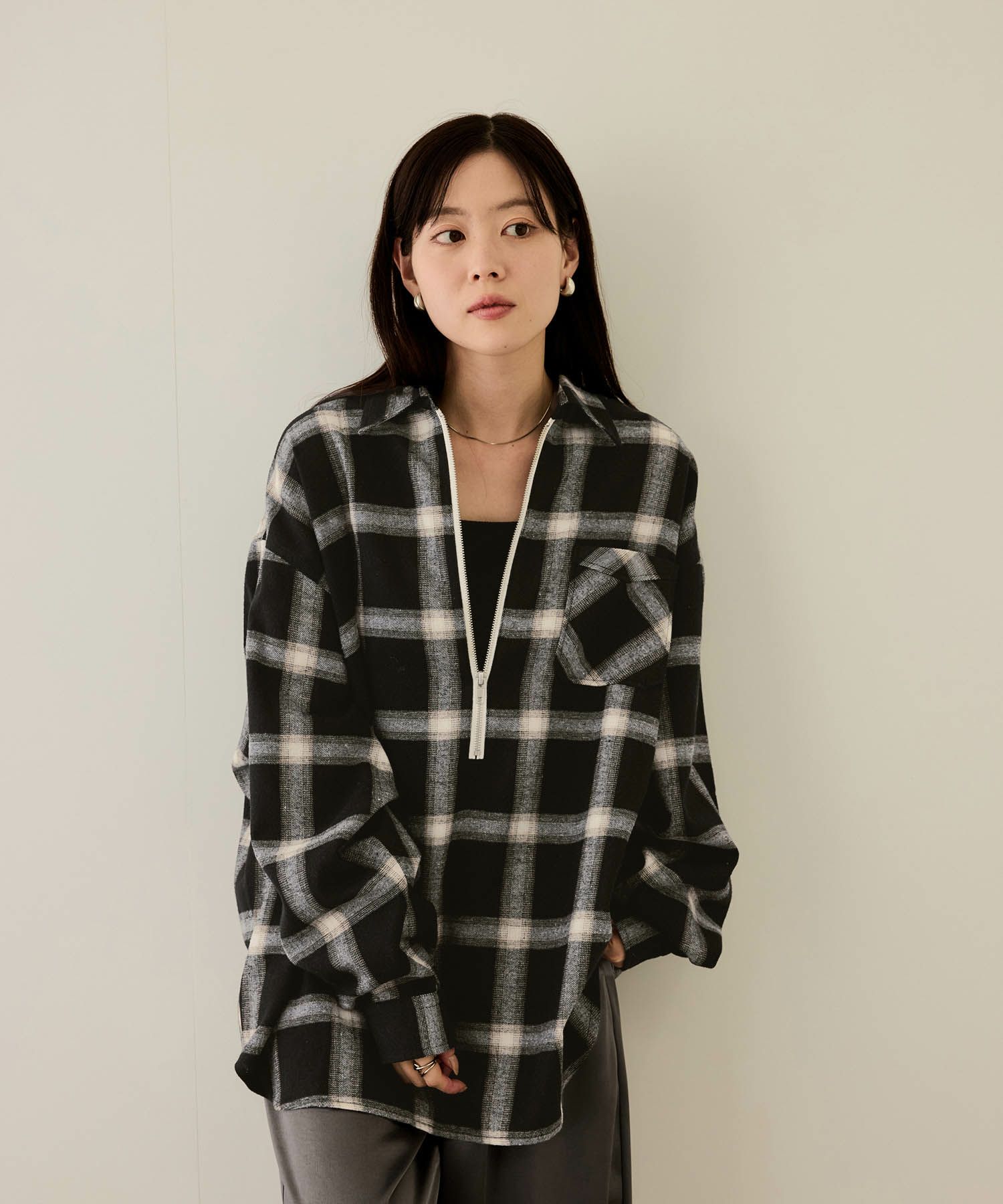 nAvy  ハーフジップオンブレネルシャツ レディース商品画像-5