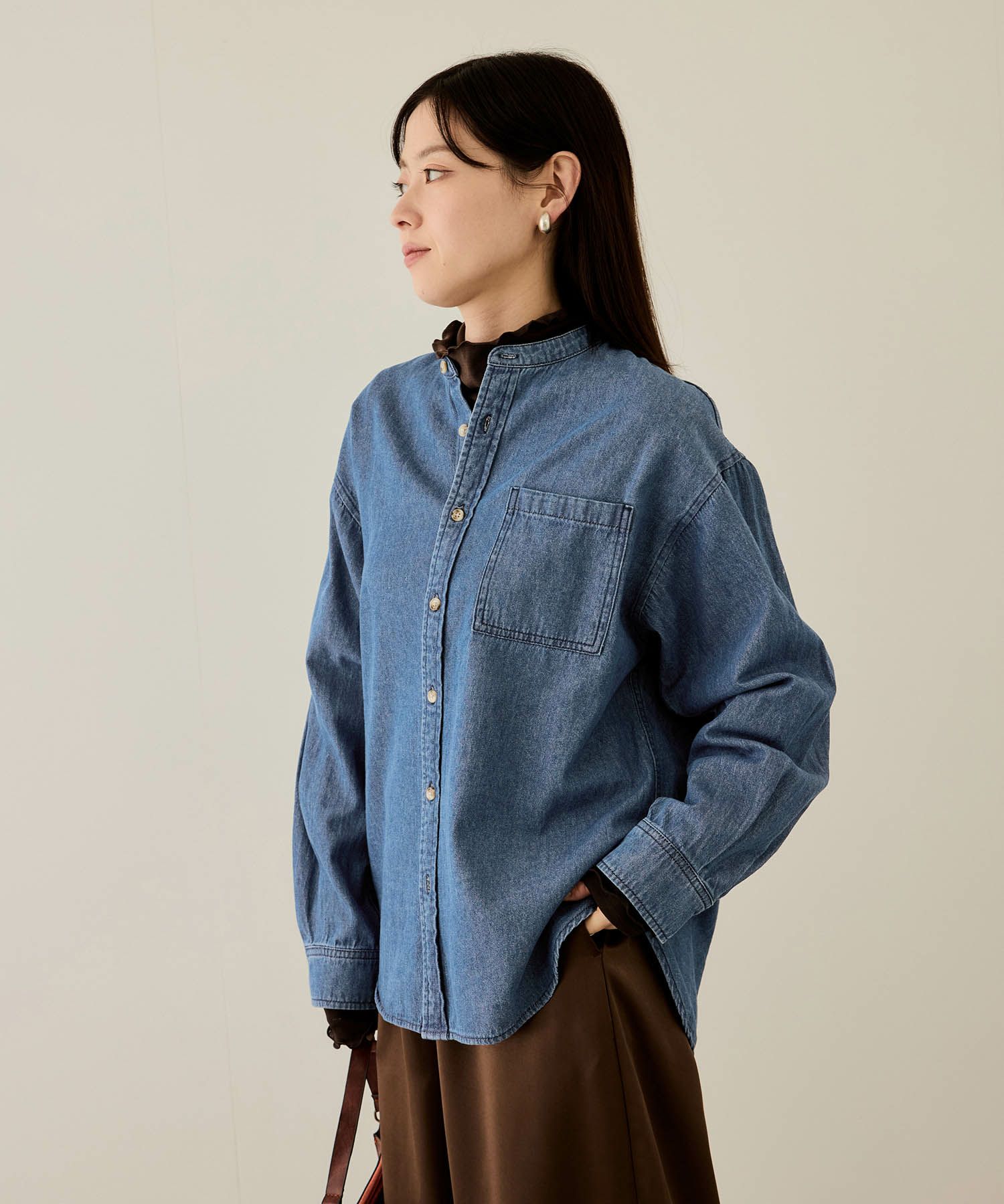 nAvy ルーズデニムスタンドカラーシャツ レディース