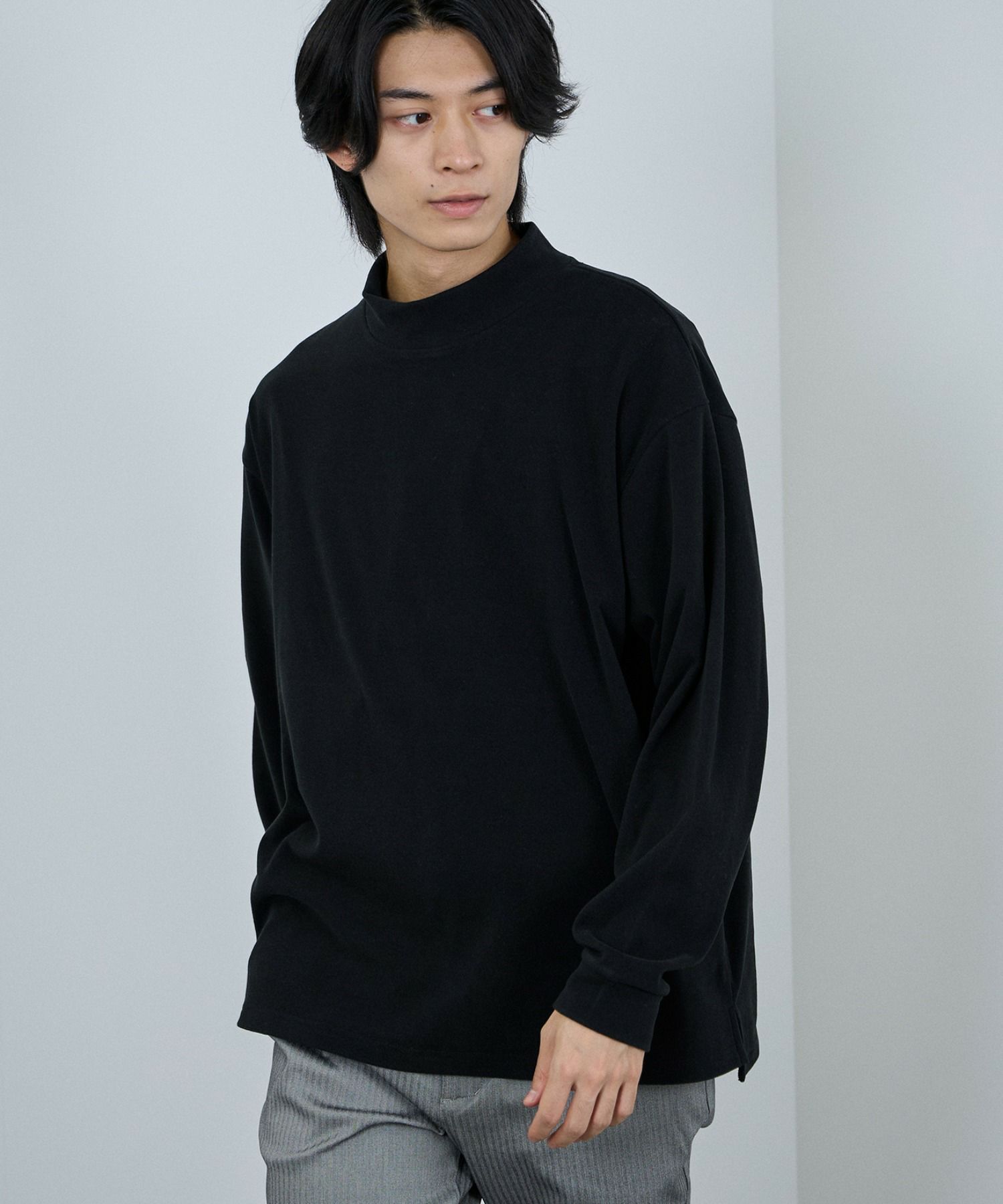 NAVY MAC HEAT シルキータッチモックネックTシャツ メンズ