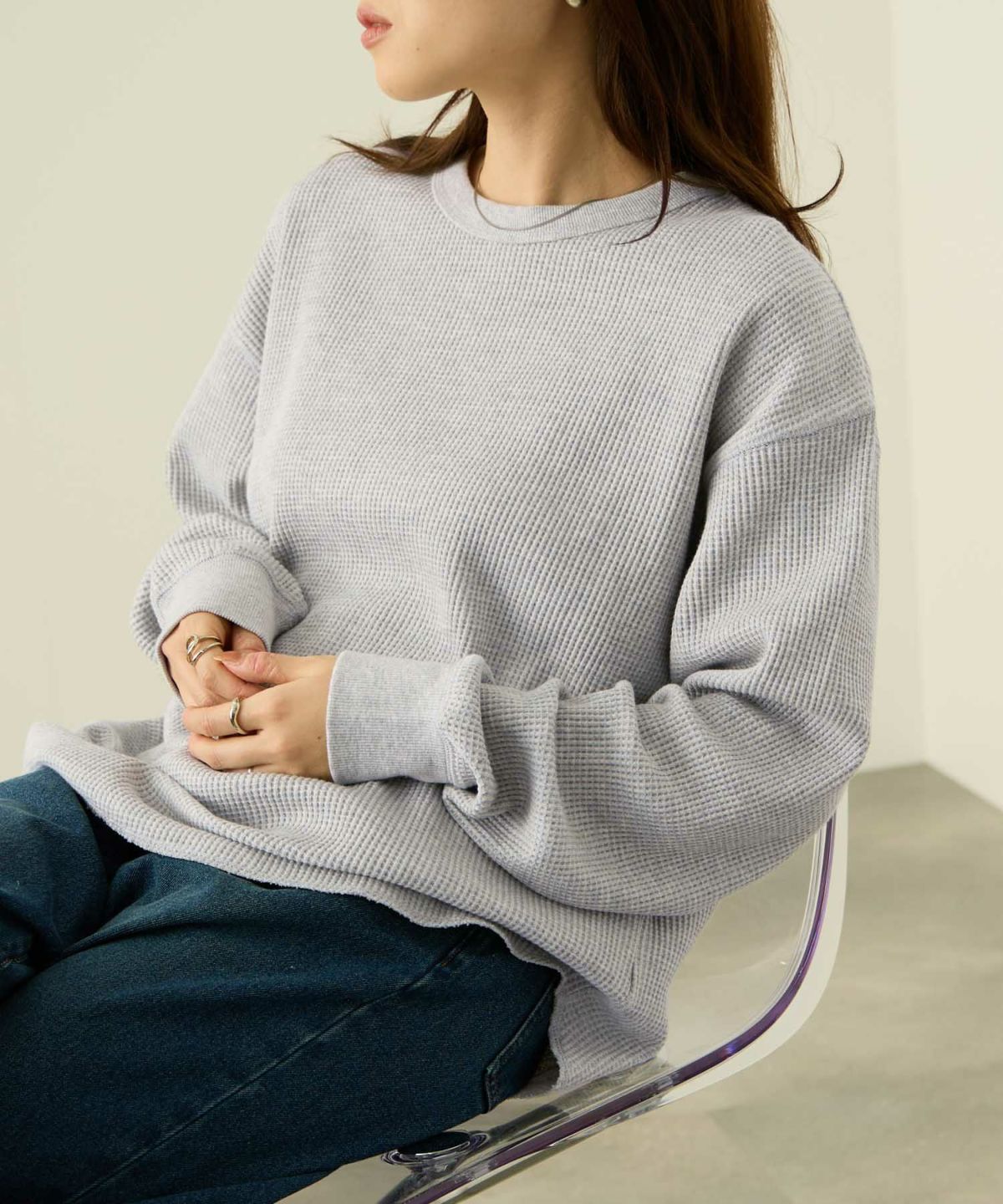 nAvy リラックスフィット ワッフルクルーネック長袖Tシャツ レディース メール便 対応商品