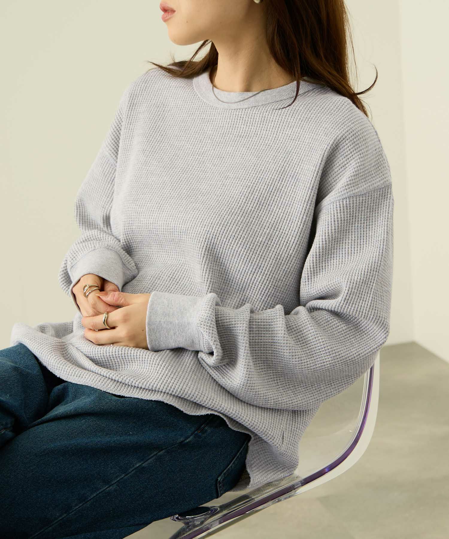 [値下げ]nAvy  リラックスフィット ワッフルクルーネック長袖Tシャツ レディース メール便 対応商品商品サムネイル-3