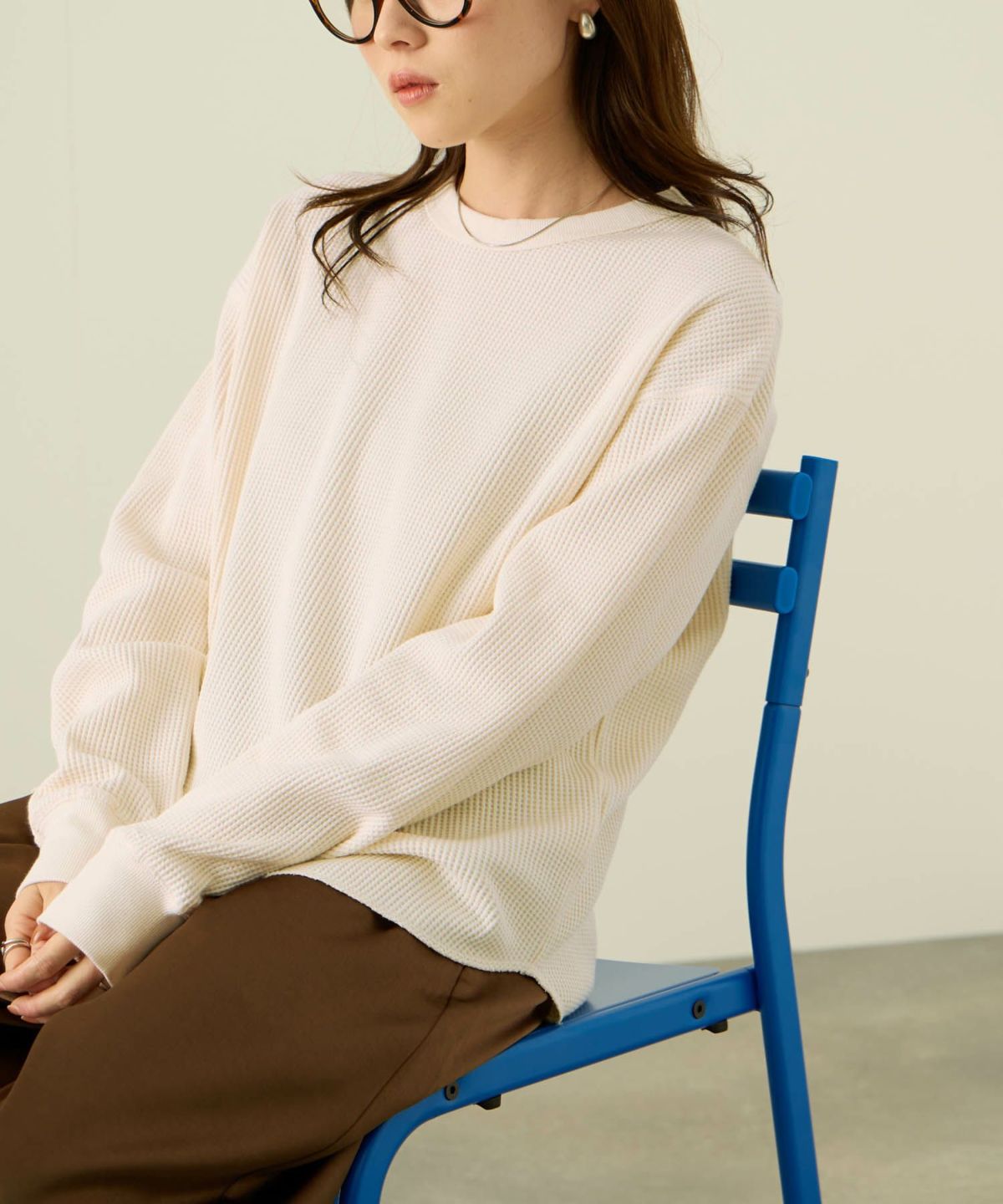 nAvy リラックスフィット ワッフルクルーネック長袖Tシャツ レディース メール便 対応商品