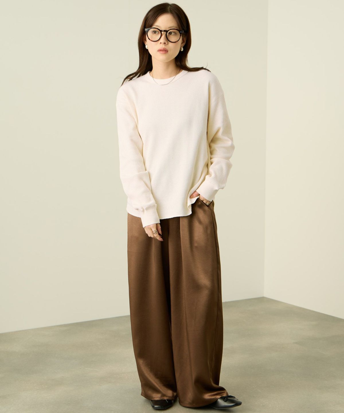 nAvy リラックスフィット ワッフルクルーネック長袖Tシャツ レディース メール便 対応商品