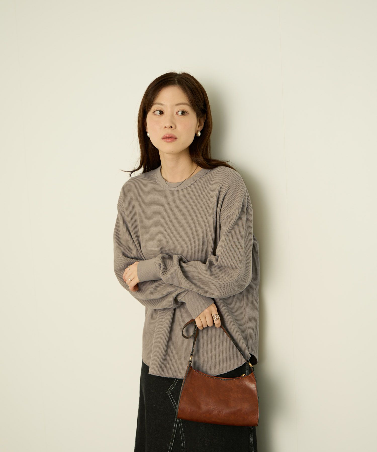 nAvy リラックスフィット ワッフルクルーネック長袖Tシャツ レディース メール便 対応商品