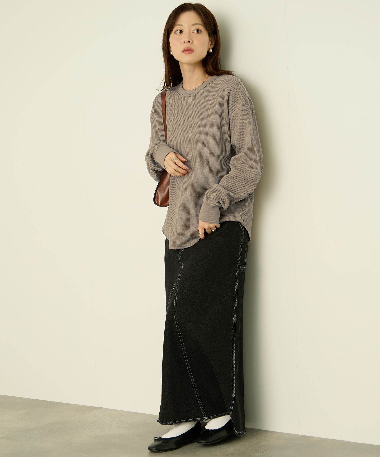 nAvy リラックスフィット ワッフルクルーネック長袖Tシャツ レディース メール便 対応商品