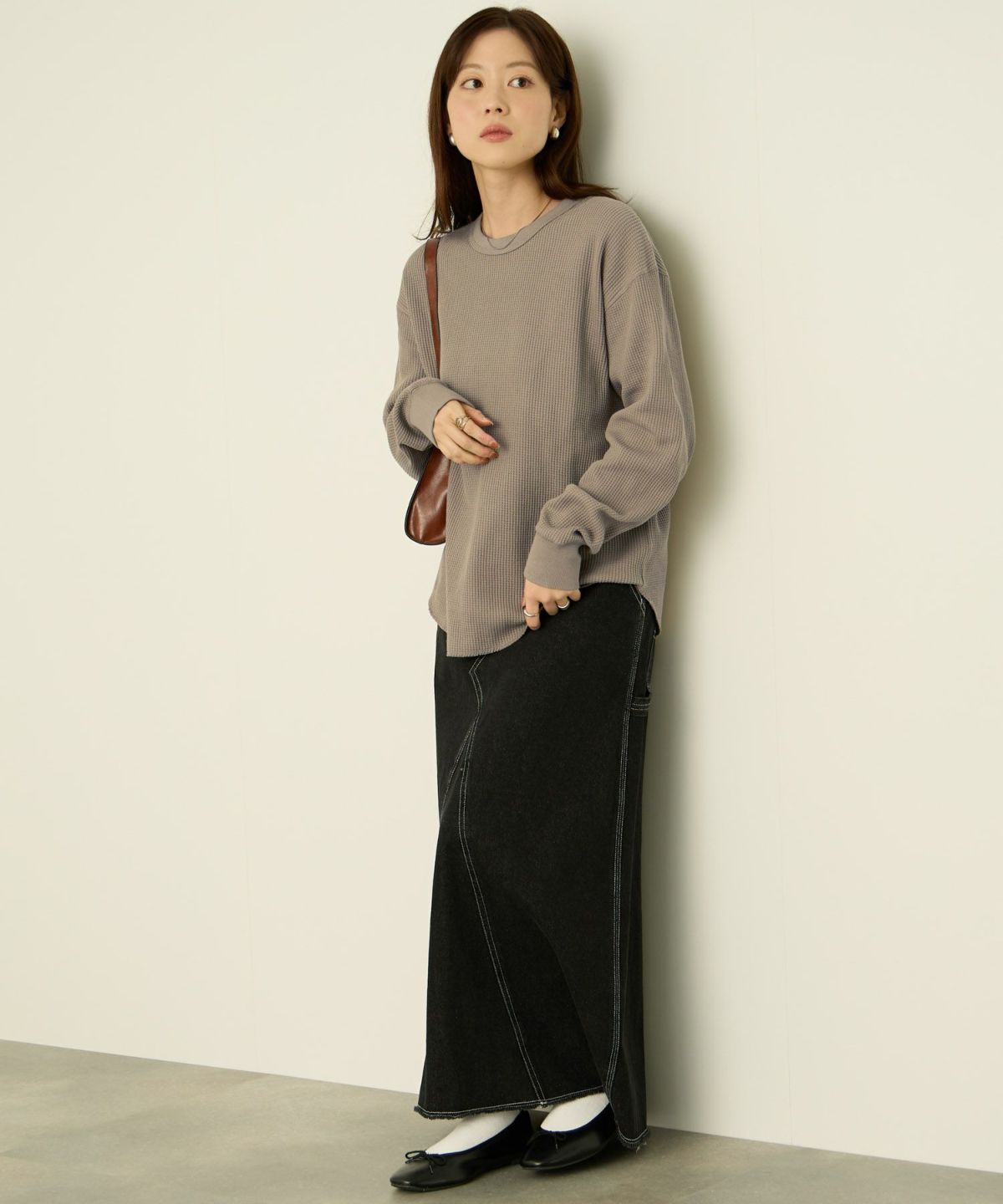 nAvy リラックスフィット ワッフルクルーネック長袖Tシャツ レディース メール便 対応商品