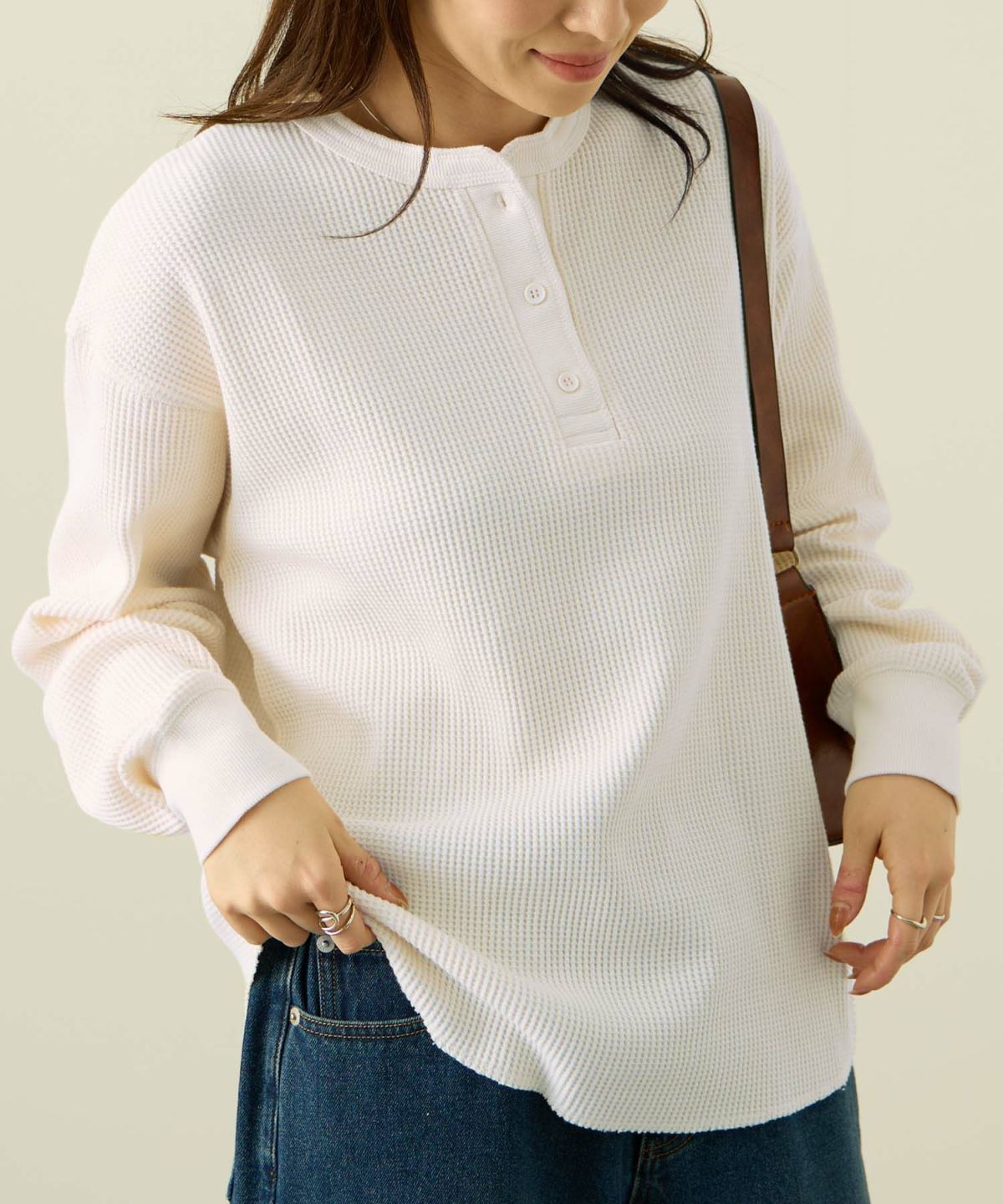 nAvy リラックスフィット ワッフルヘンリーネック長袖Tシャツ レディース メール便 対応商品