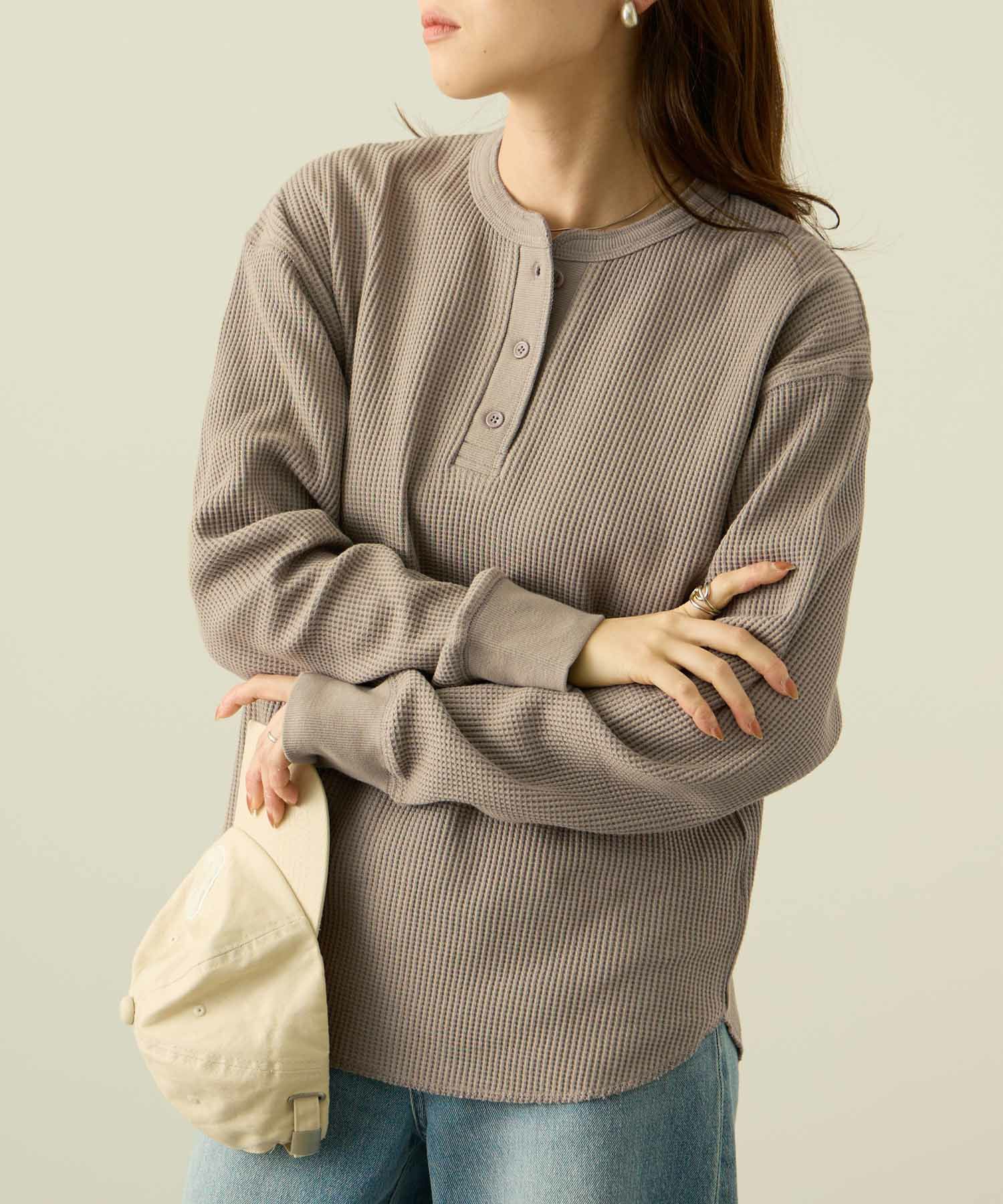 nAvy リラックスフィット ワッフルヘンリーネック長袖Tシャツ レディース メール便 対応商品