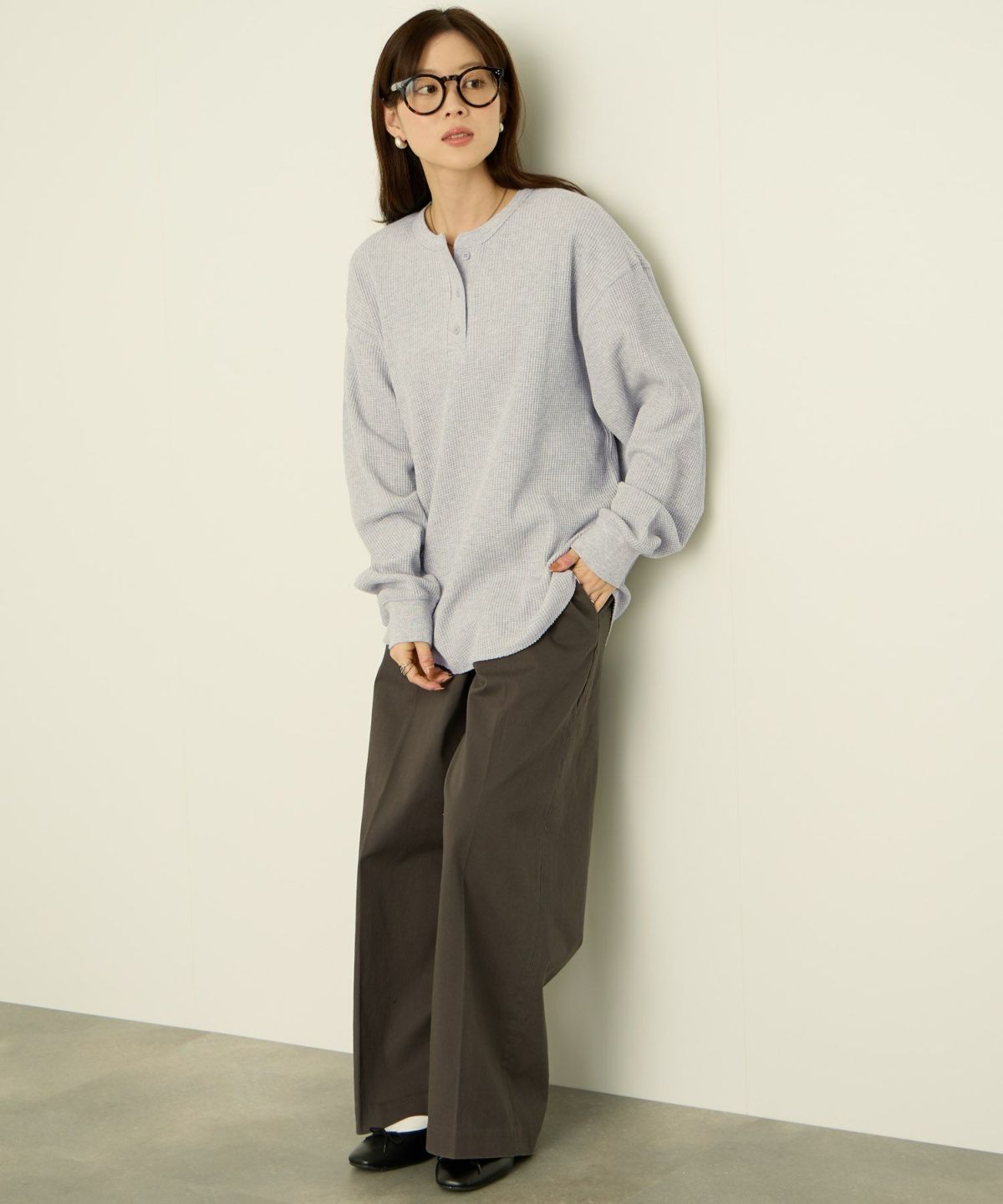 nAvy リラックスフィット ワッフルヘンリーネック長袖Tシャツ レディース メール便 対応商品