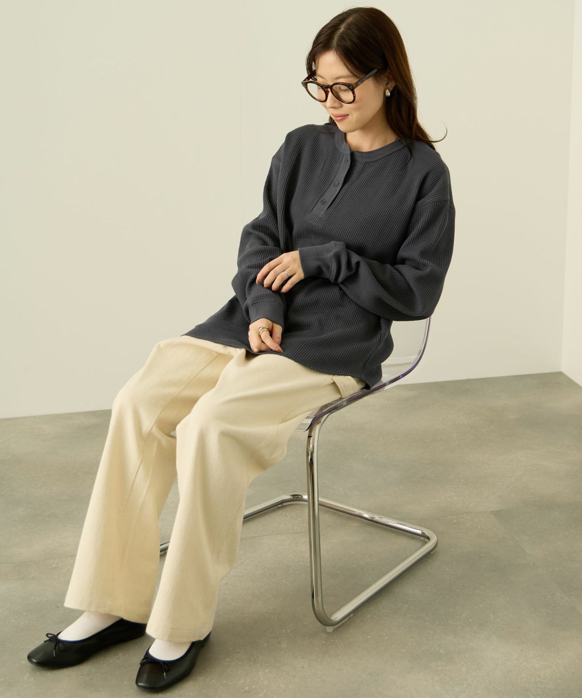 nAvy リラックスフィット ワッフルヘンリーネック長袖Tシャツ レディース メール便 対応商品