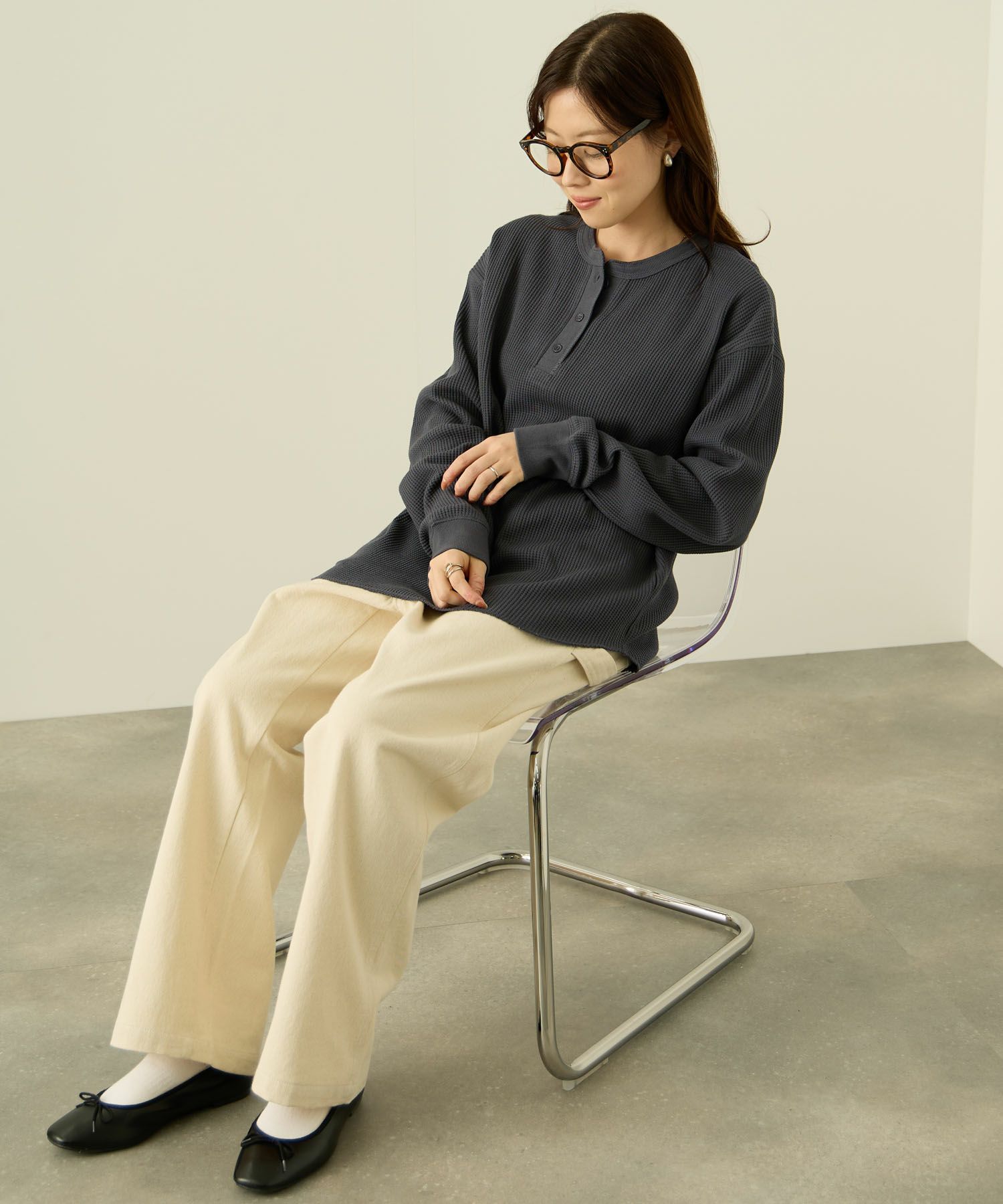 nAvy  リラックスフィット ワッフルヘンリーネック長袖Tシャツ レディース メール便 対応商品商品サムネイル-14