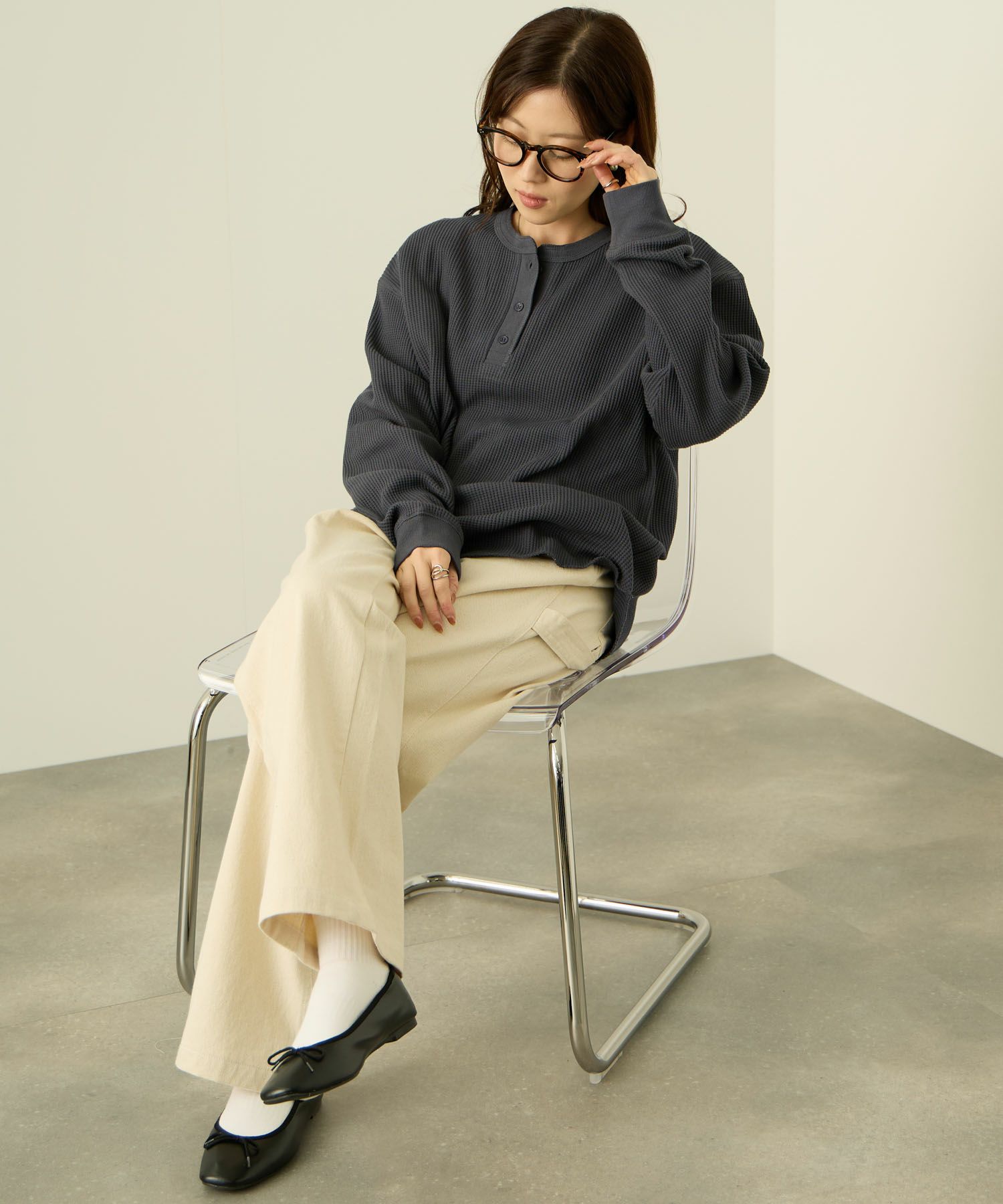 nAvy  リラックスフィット ワッフルヘンリーネック長袖Tシャツ レディース メール便 対応商品商品サムネイル-15