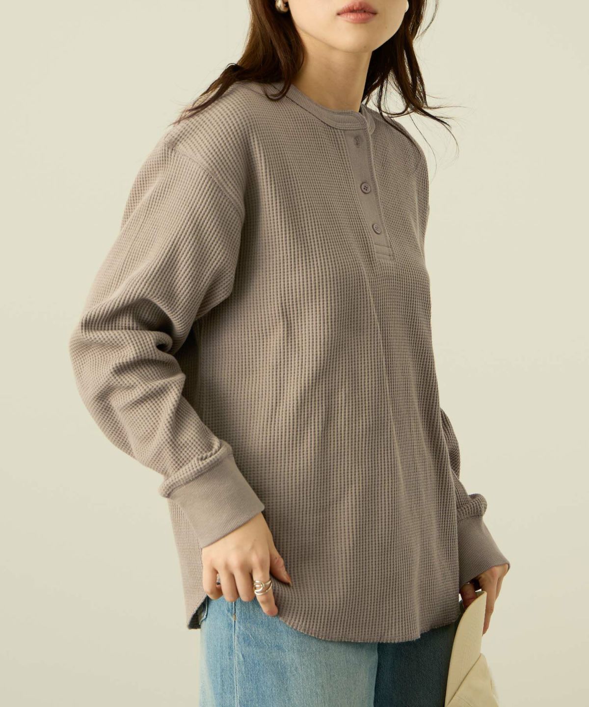 nAvy リラックスフィット ワッフルヘンリーネック長袖Tシャツ レディース メール便 対応商品