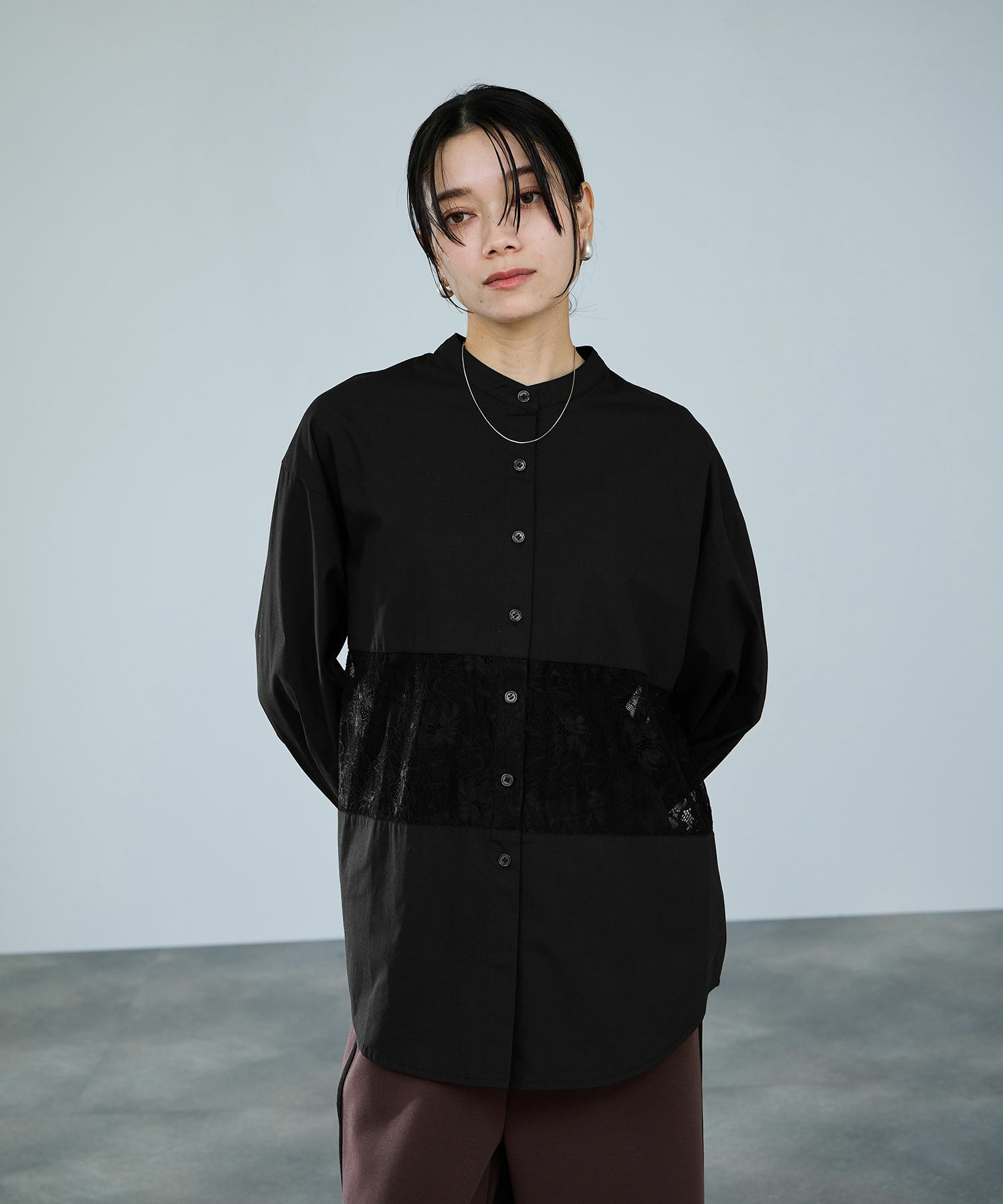 milli de l'air レースブロッキングバンドカラーシャツ レディース