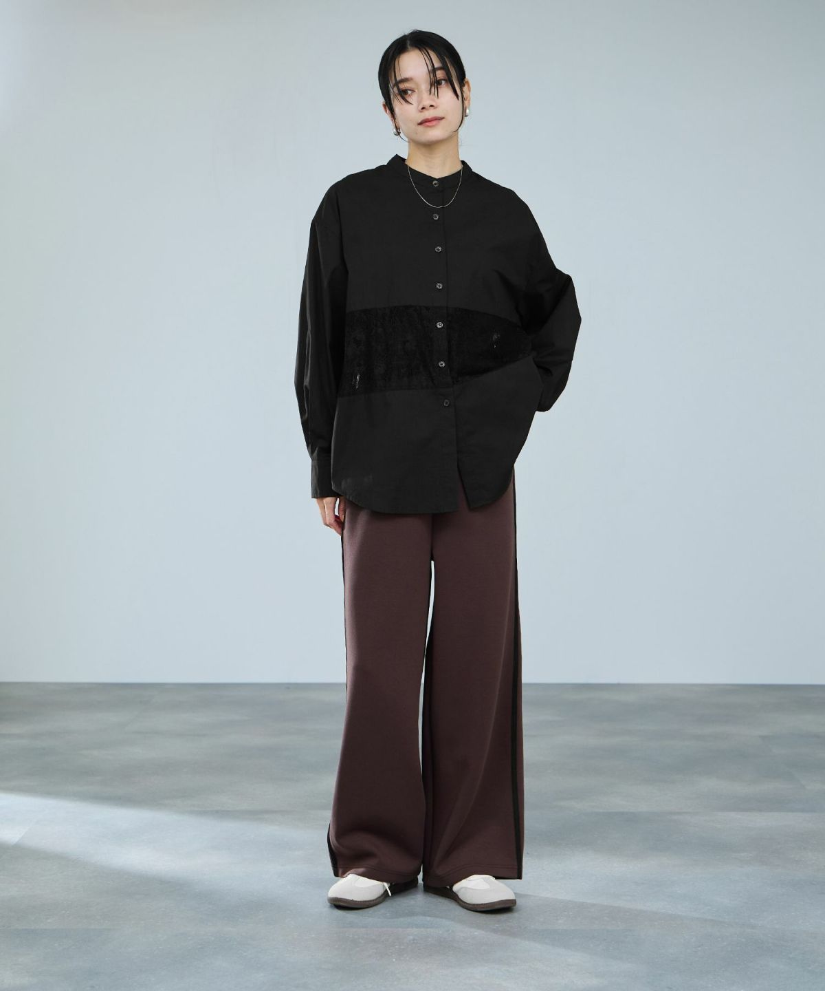 milli de l'air レースブロッキングバンドカラーシャツ レディース