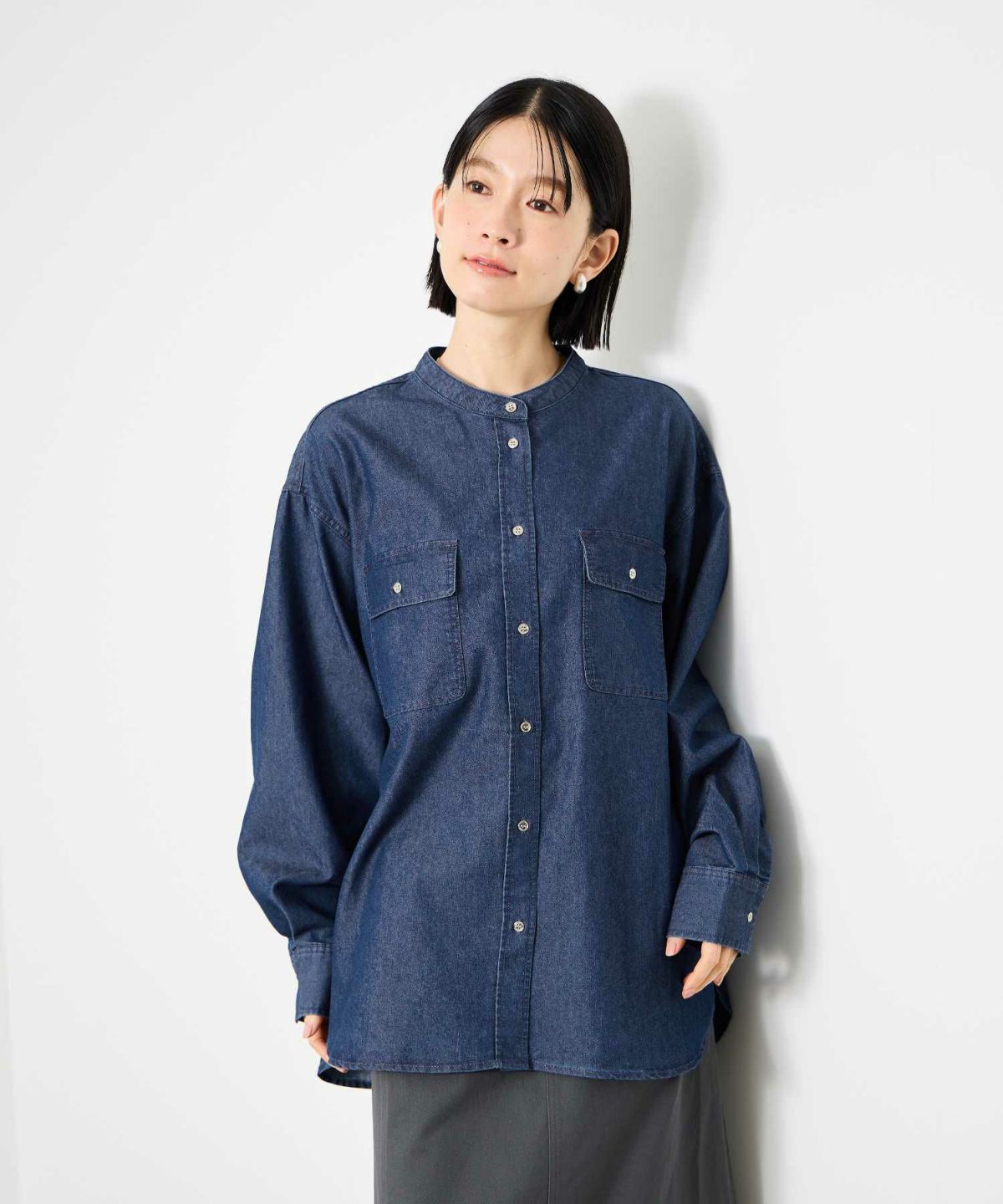 Idnes デニムバンドカラーシャツ レディース