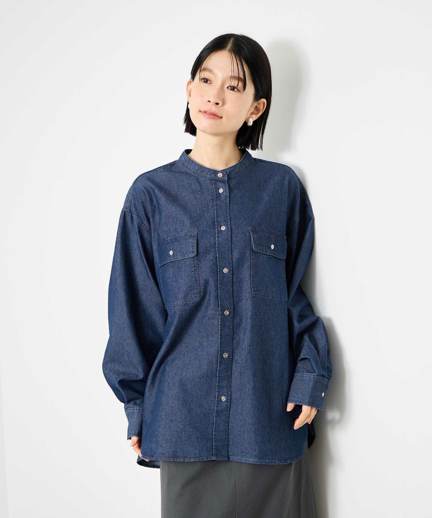 Idnes  デニムバンドカラーシャツ レディース商品サムネイル-1