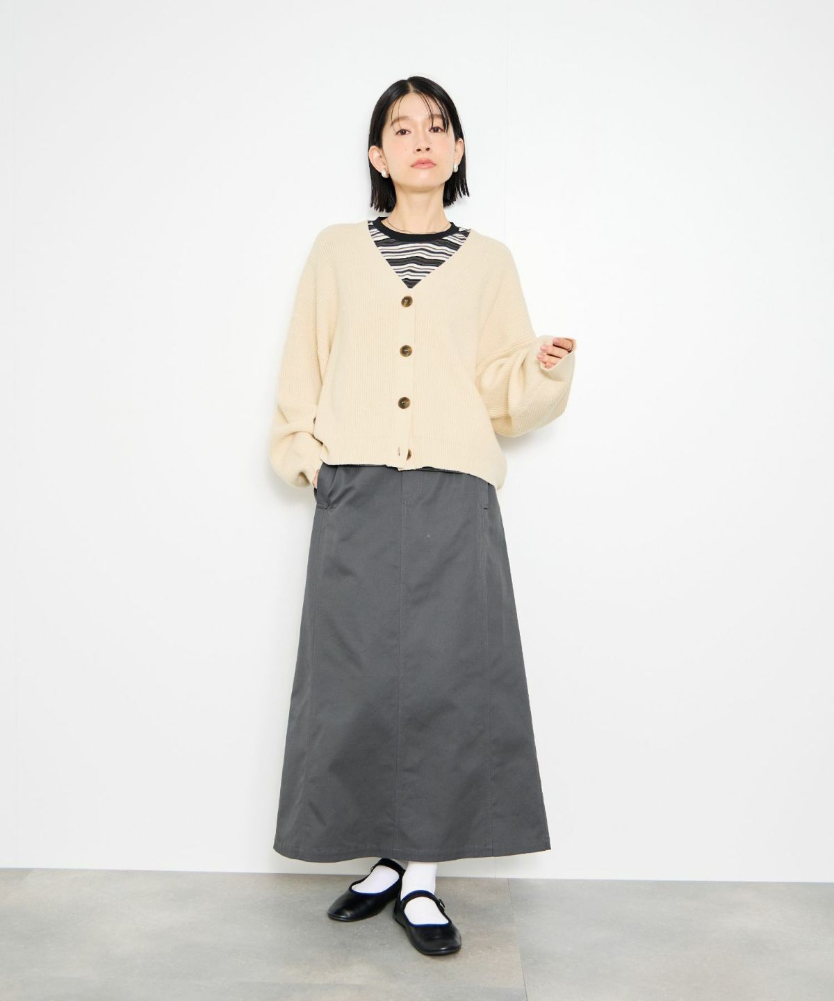 Idnes Vネック畦ボリュームスリーブカーディガン レディース