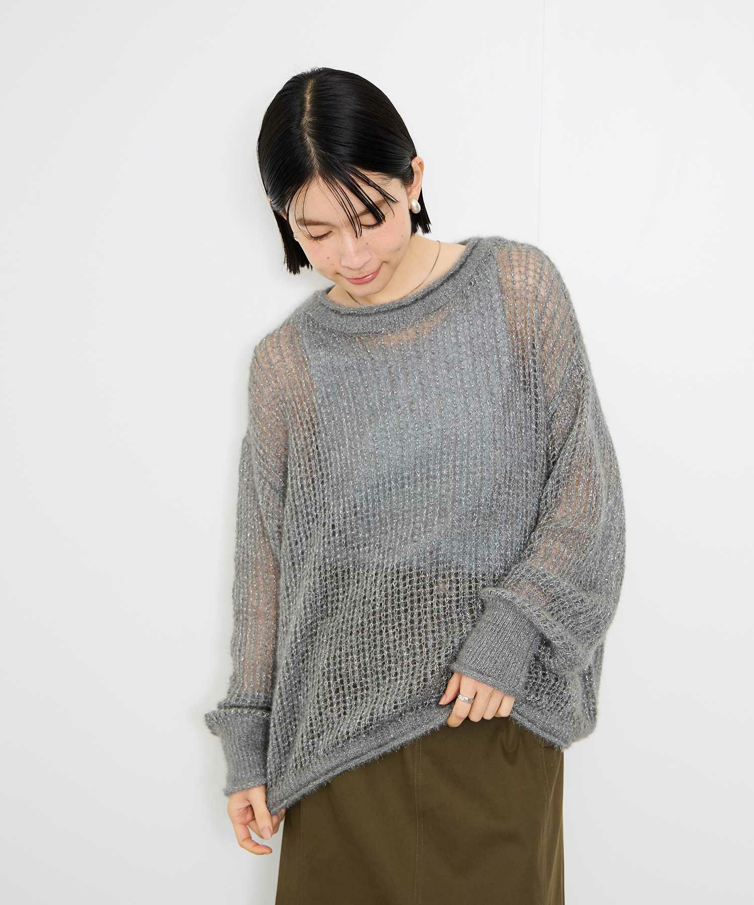 Idnes ラメメッシュニットプルオーバー レディース