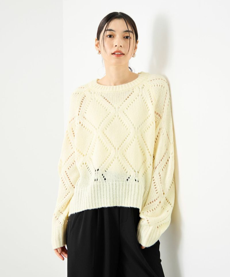 Idnes  ダイヤ柄透かし編みニットプルオーバー レディース商品画像-2