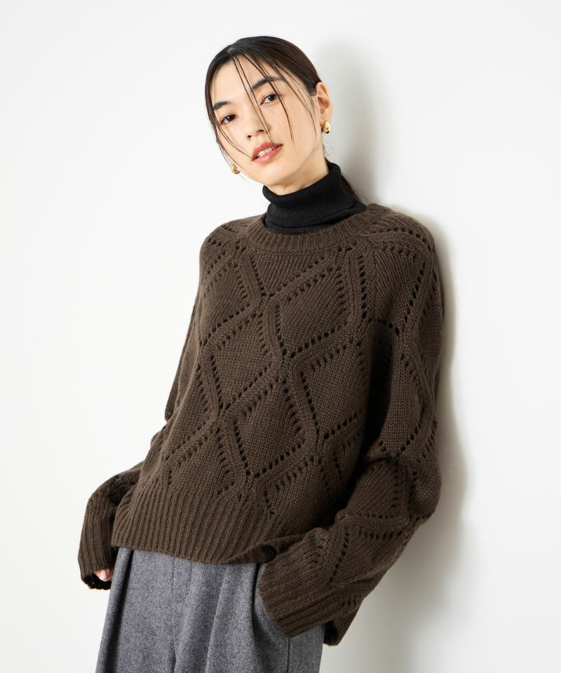 Idnes ダイヤ柄透かし編みニットプルオーバー レディース商品画像-3