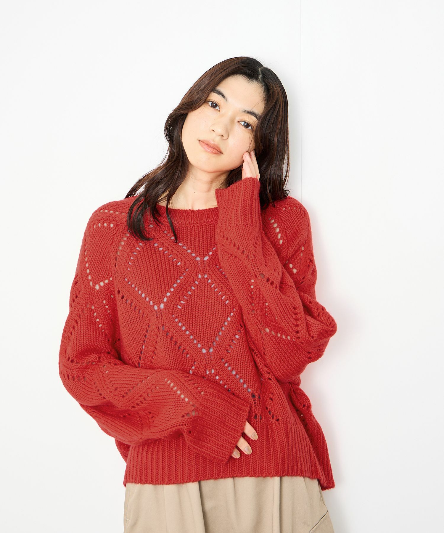 [さらに50%OFF]Idnes  ダイヤ柄透かし編みニットプルオーバー レディース商品サムネイル-4