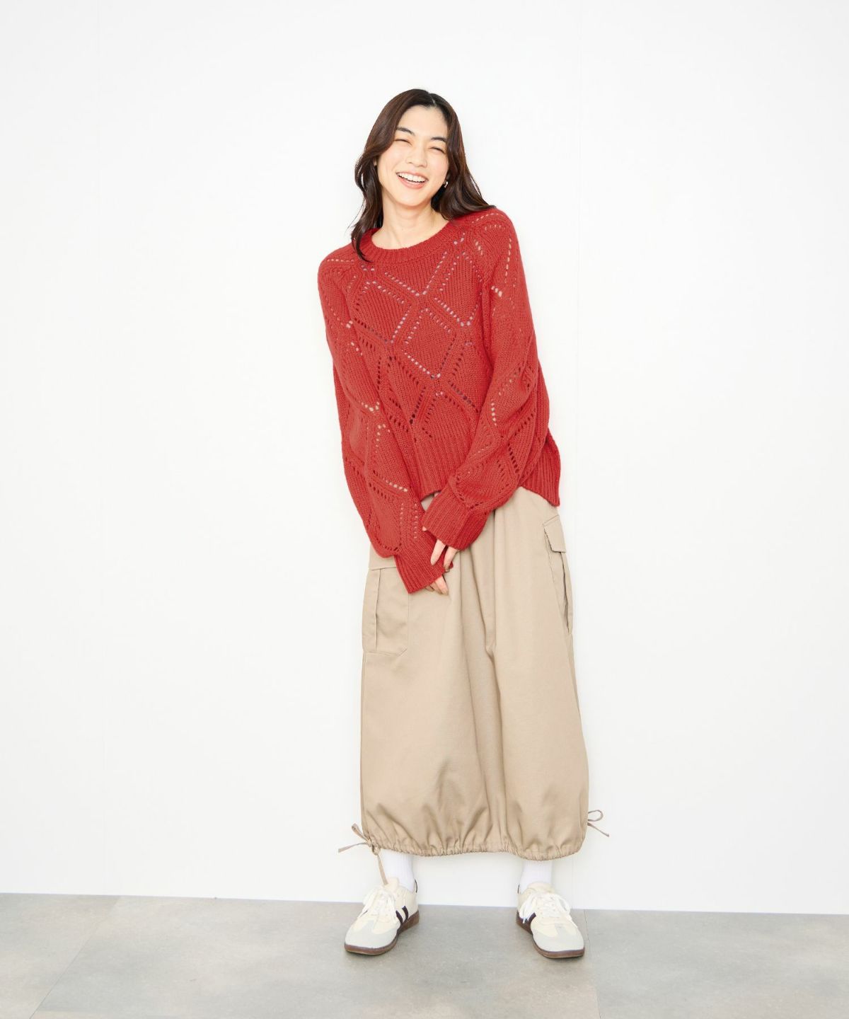 Idnes ダイヤ柄透かし編みニットプルオーバー レディース