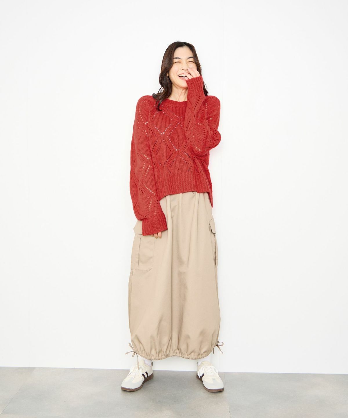 Idnes ダイヤ柄透かし編みニットプルオーバー レディース