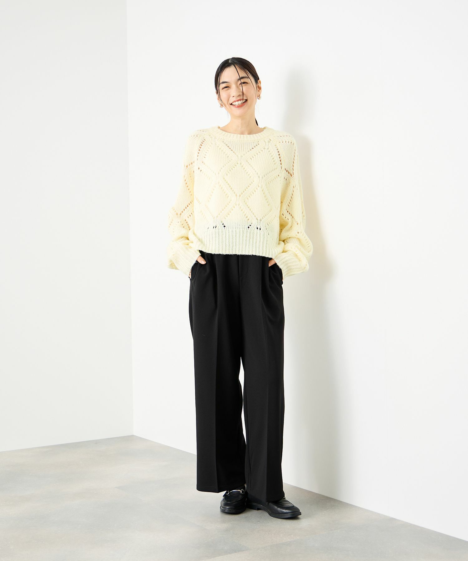 Idnes  ダイヤ柄透かし編みニットプルオーバー レディース商品画像-12