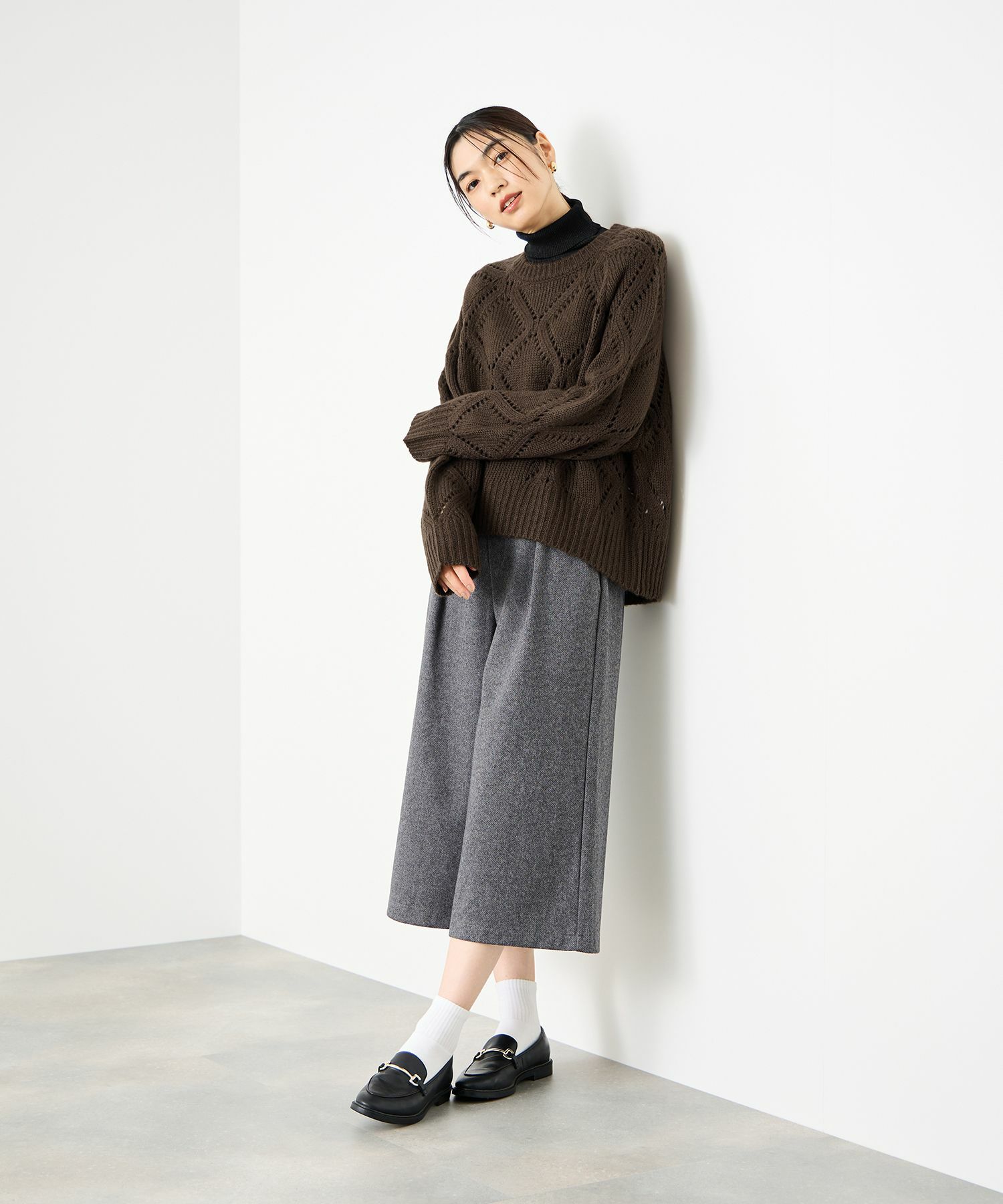 Idnes ダイヤ柄透かし編みニットプルオーバー レディース