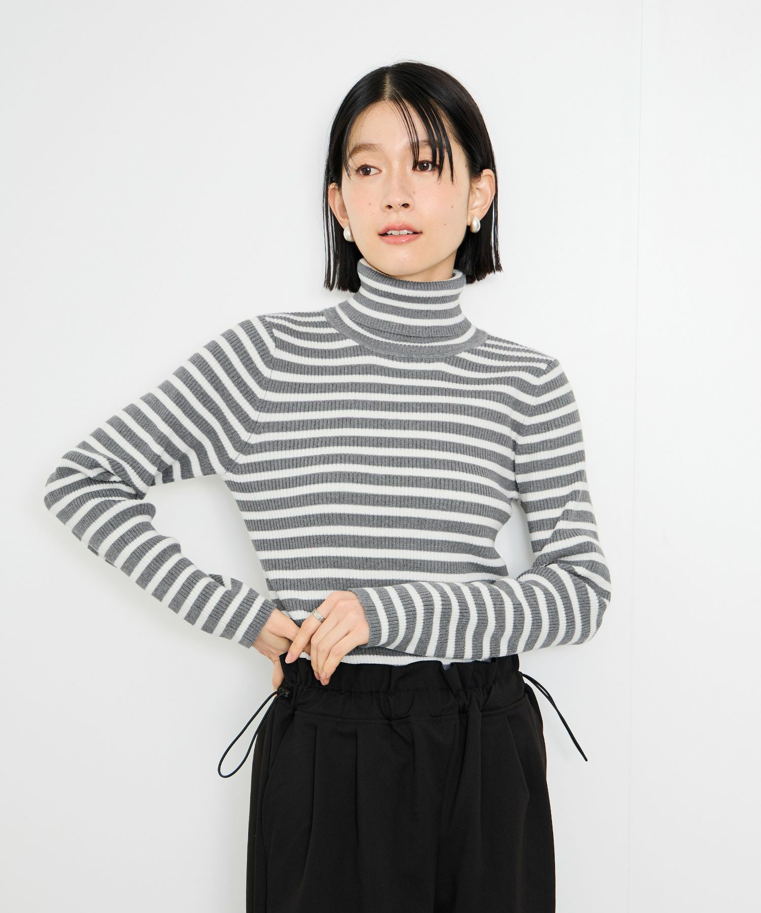 Idnes ボーダーリブタートルネックニット レディース