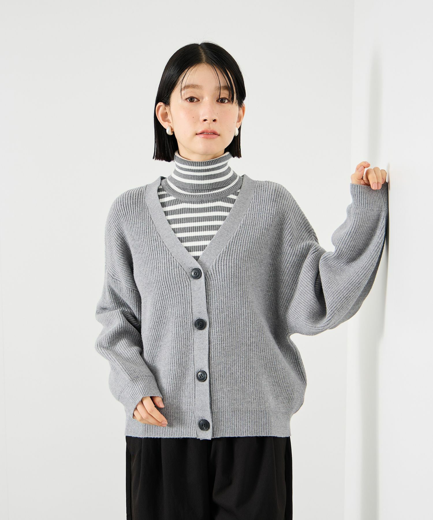 Idnes ボーダーリブタートルネックニット レディース