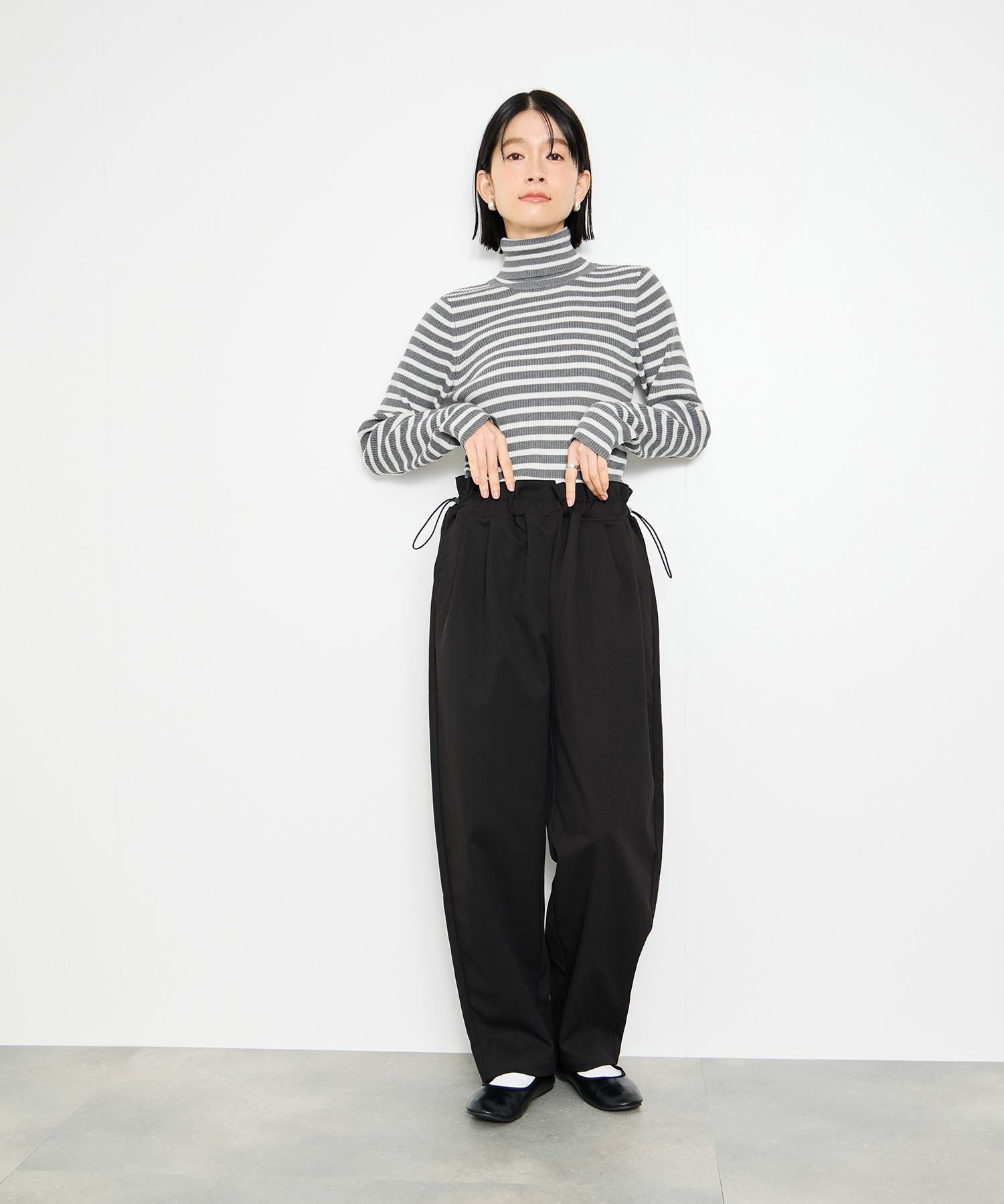 Idnes ボーダーリブタートルネックニット レディース