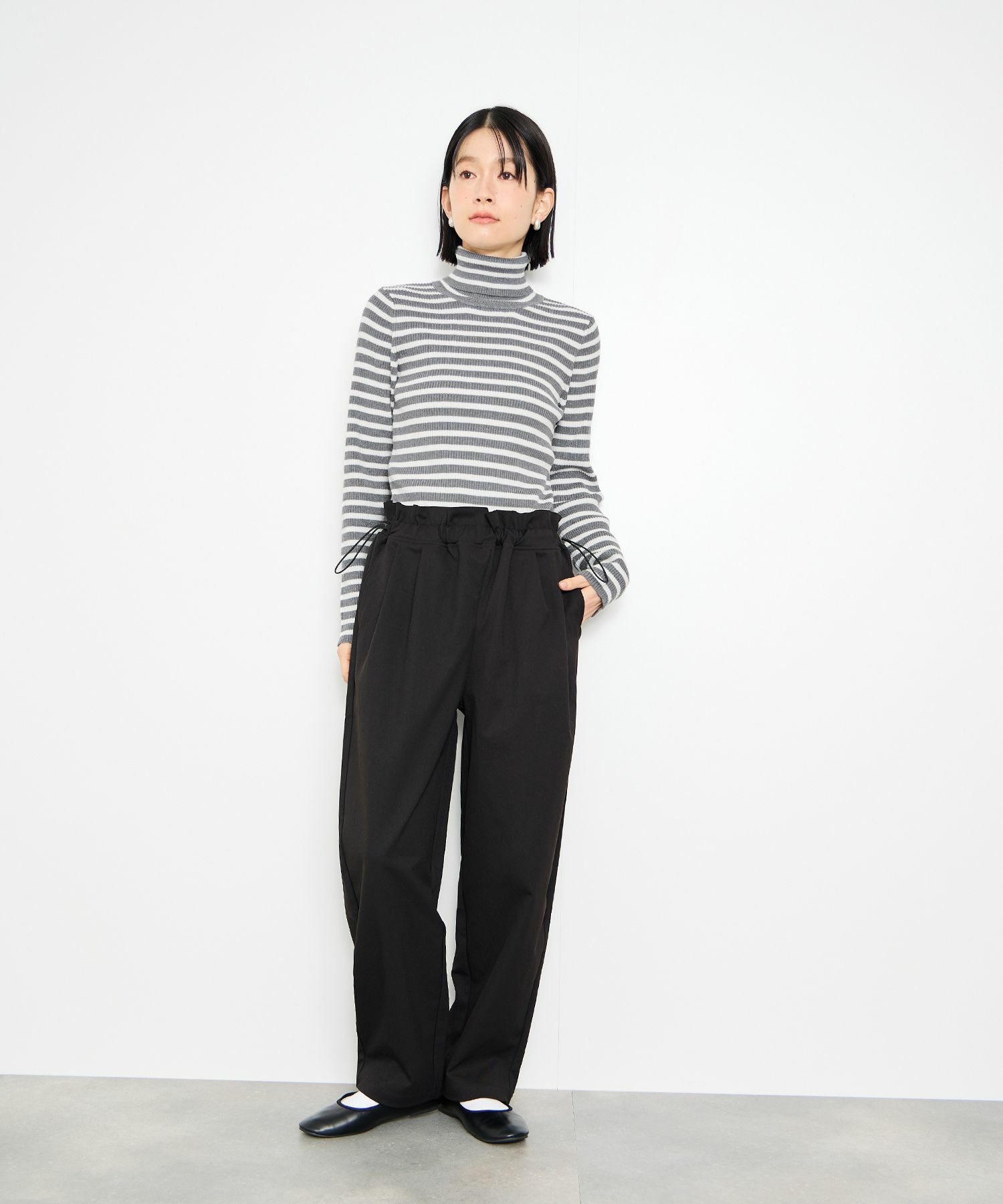 Idnes ボーダーリブタートルネックニット レディース