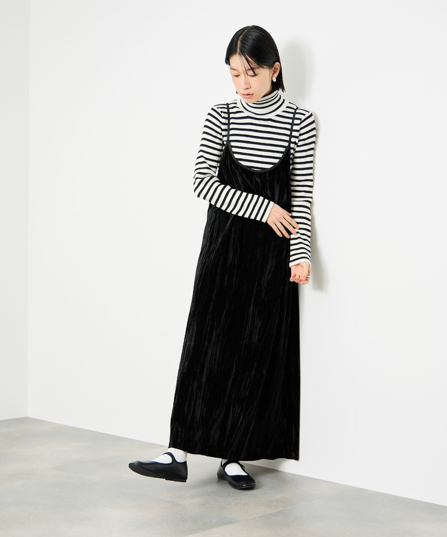 Idnes ボーダーリブタートルネックニット レディース