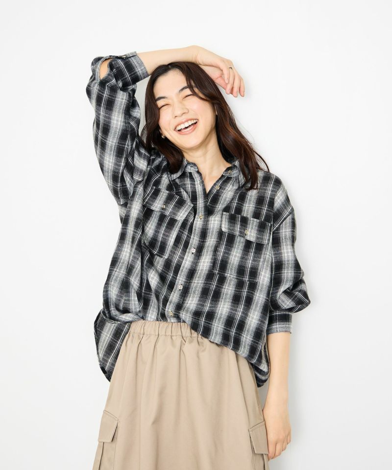 Idnes チェックネルレギュラーカラーシャツ レディース商品画像-2