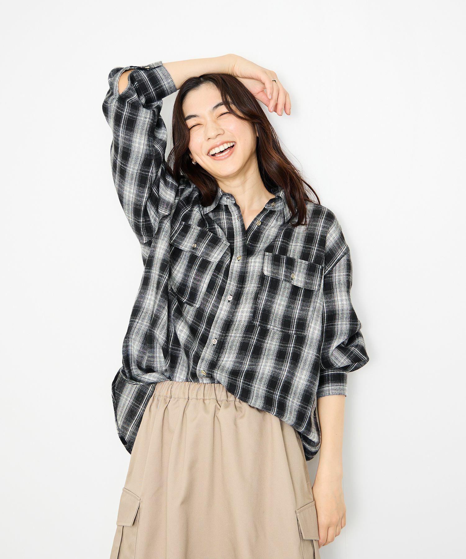 Idnes チェックネルレギュラーカラーシャツ レディース