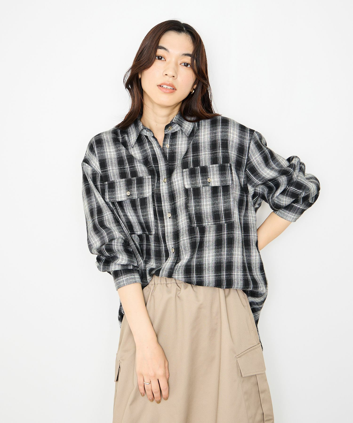 Idnes チェックネルレギュラーカラーシャツ レディース