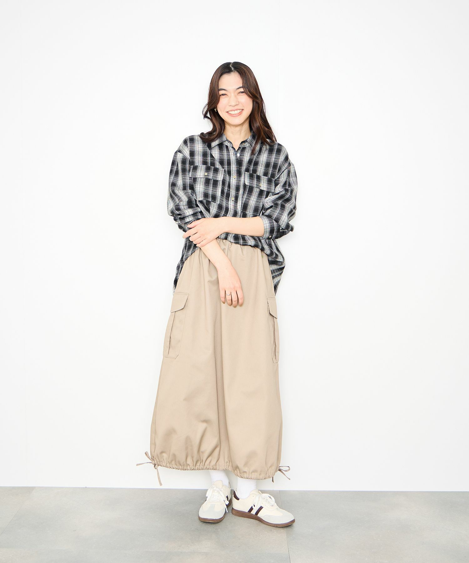Idnes チェックネルレギュラーカラーシャツ レディース