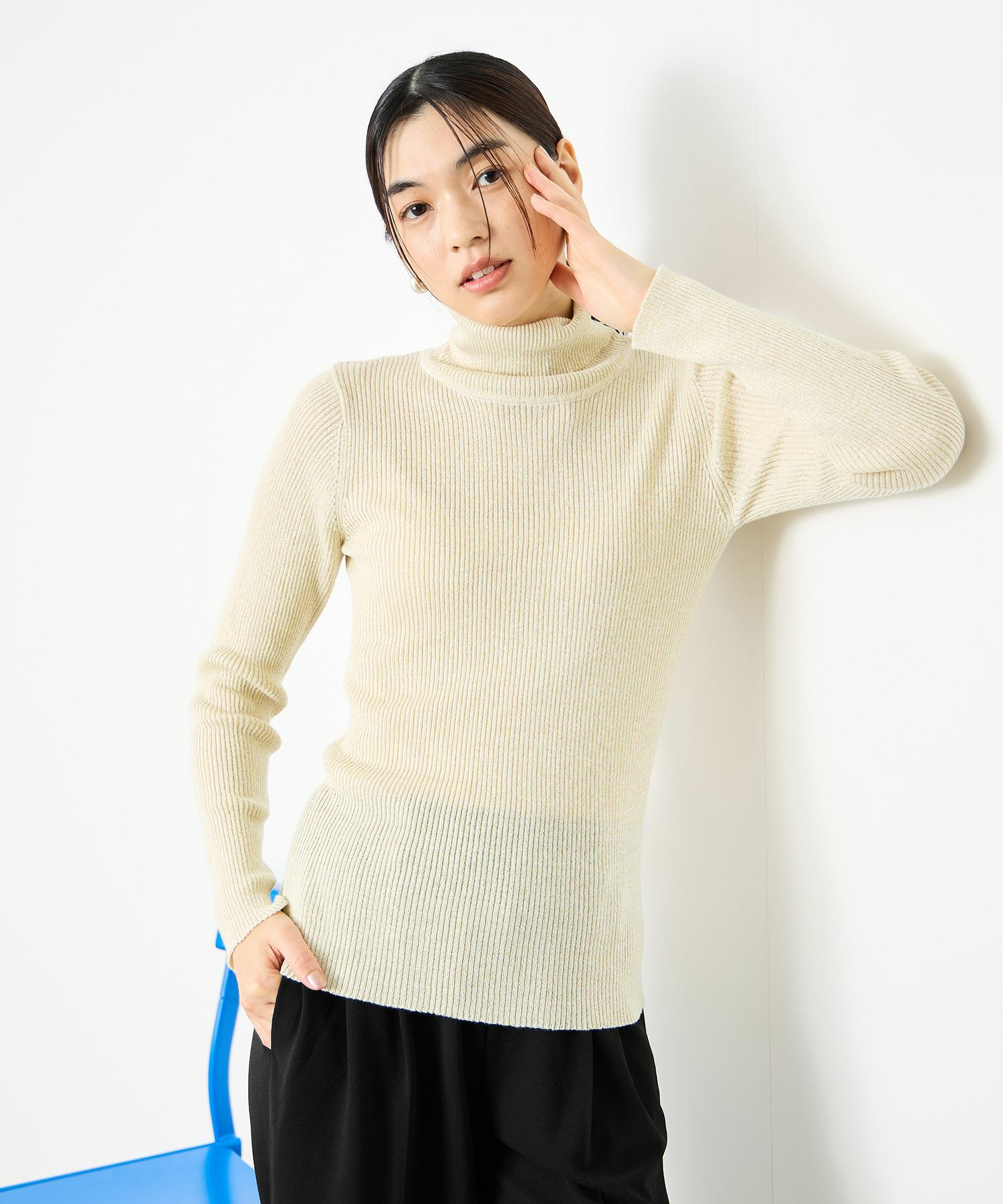 Idnes ラメリブニット タートルネック レディース