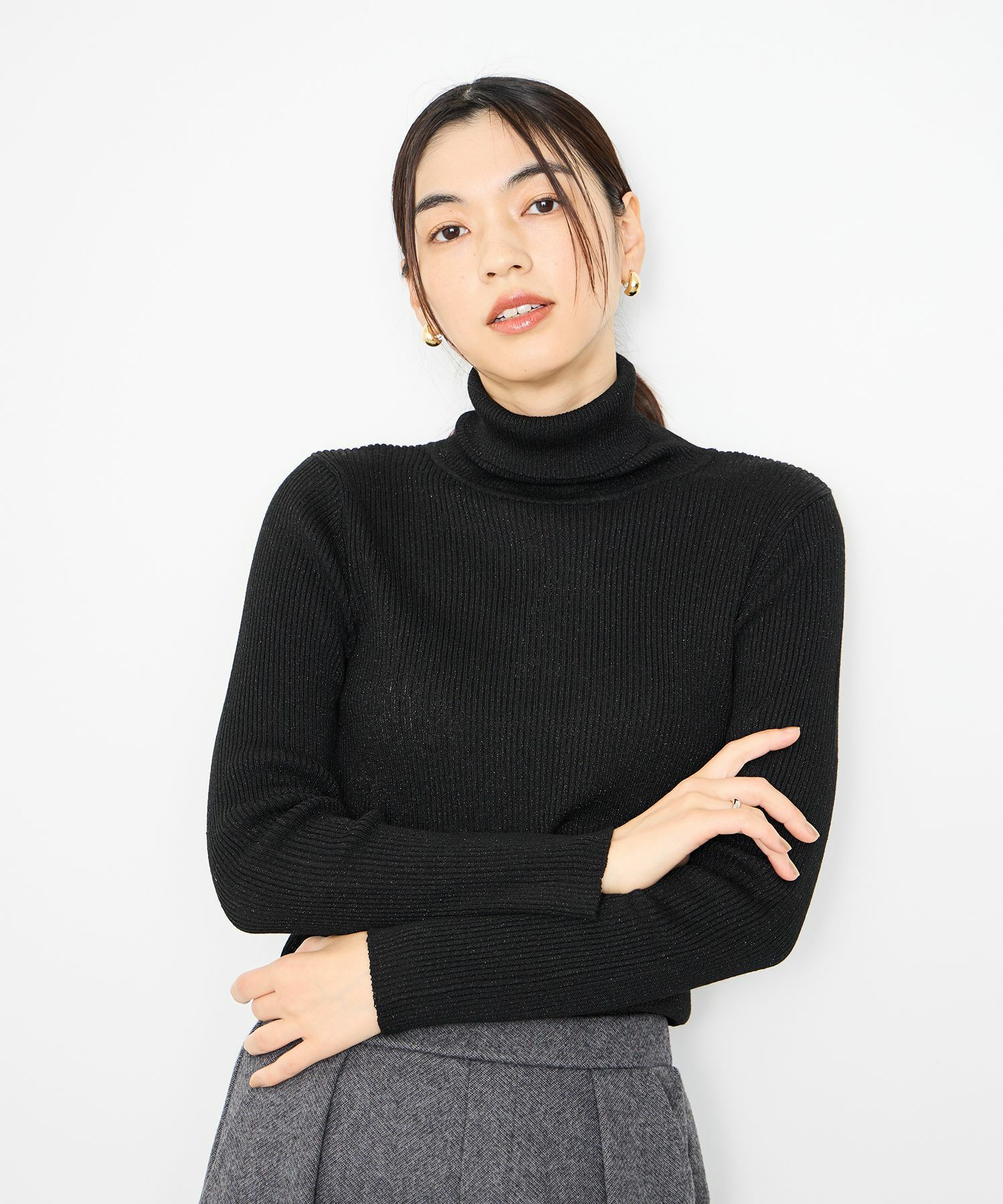 Idnes ラメリブニット タートルネック レディース