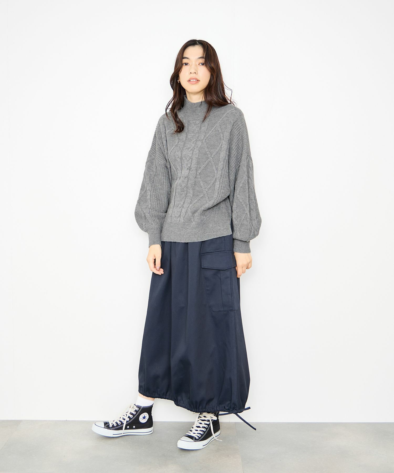 Idnes ケーブルハイネックニット レディース