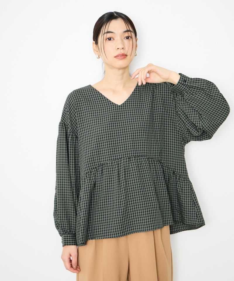 [値下げ]Idnes  ペプラムギンガムチェックブラウス レディース商品画像-2