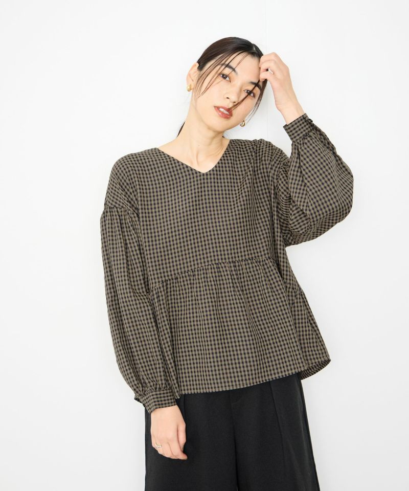 [値下げ]Idnes  ペプラムギンガムチェックブラウス レディース商品画像-3