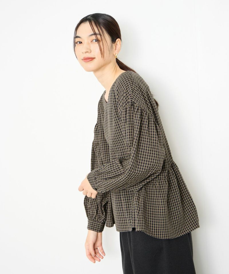 Idnes  ペプラムギンガムチェックブラウス レディース商品画像-4
